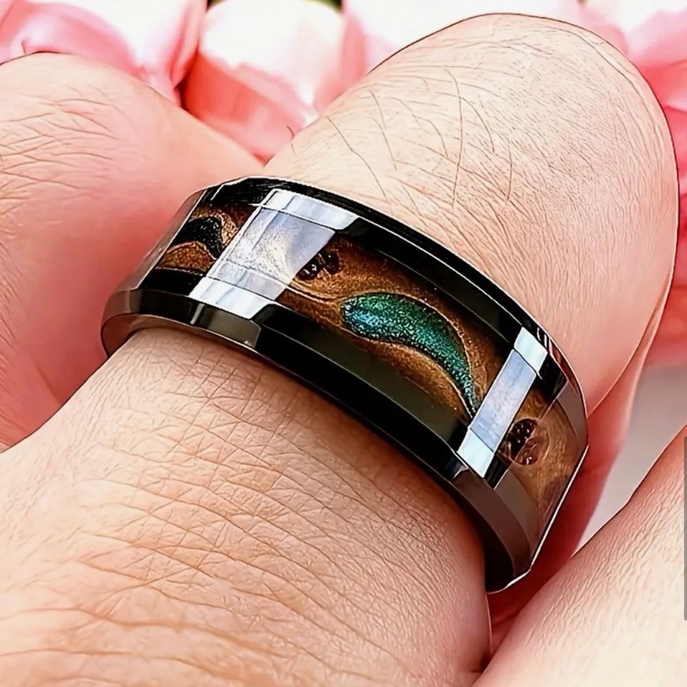 Elegant Black Brown Turquoise 316L Tungsten Stainless Steel Wedding Band Ring - Picture 3 of 13